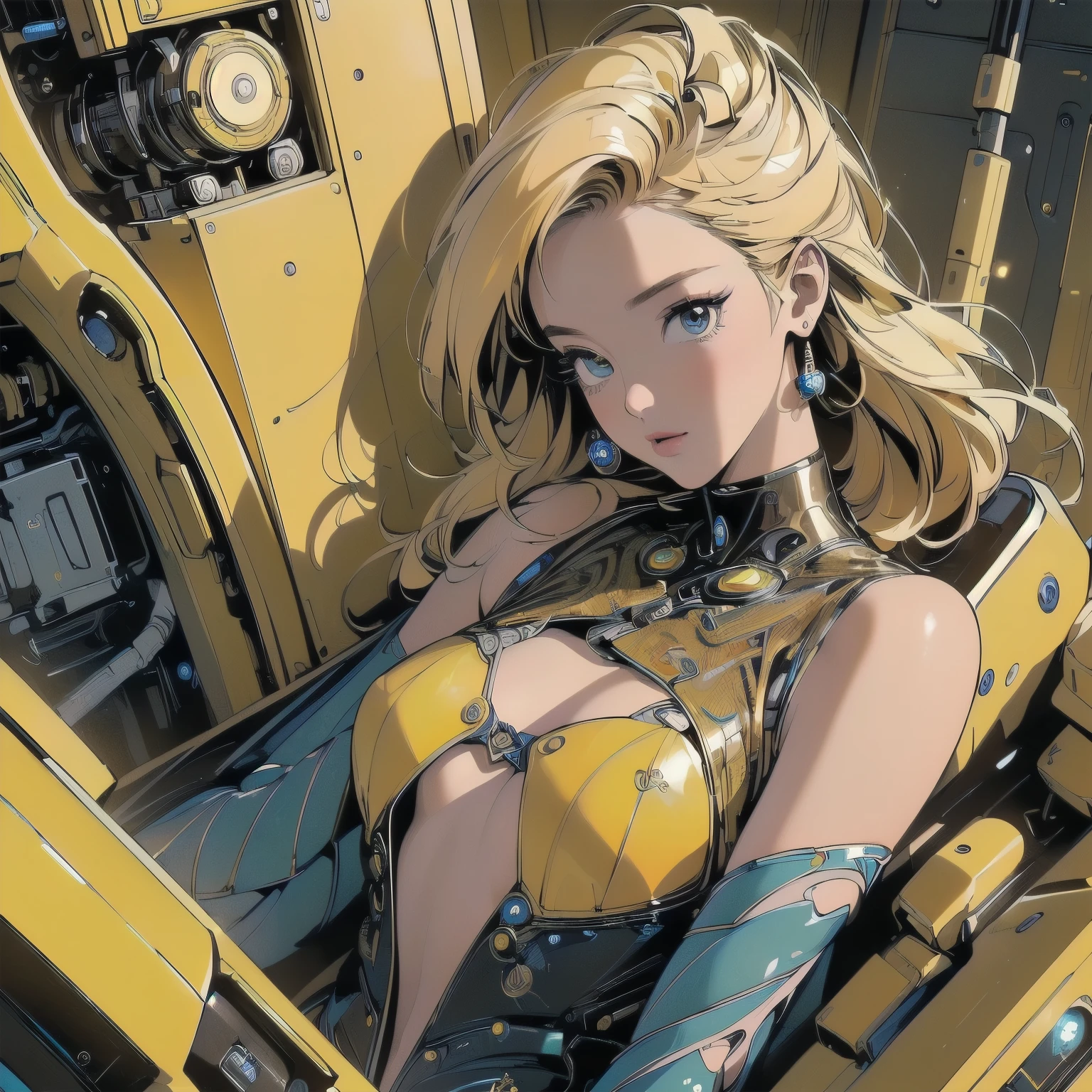 (((masterpiece, Highest quality)))、(((32K Wallpapers)))、The most detailed machine、(((The most complete and detailed yellow futuristic machine with a woman)))、The most detailed background、(((Flat Chest)))、(((Surrounded by many complex, sophisticated, futuristic machines)))、head shot,((((more various angle))))、((Overall colorfully))、A perfect machine、Perfect Face、(((The most complete machine of the future)))、Sparkling Eyes