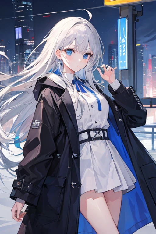 ((Highest quality)), ((masterpiece)), (detailed), One girl,Long coat,Future City,Long Hair,Silver Hair,blue eyes