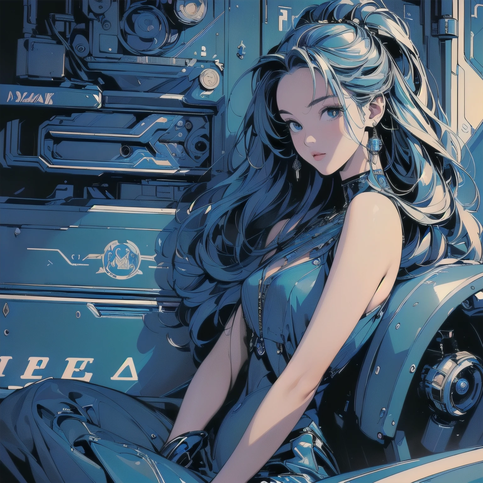 (((masterpiece, Highest quality)))、(((32K Wallpapers)))、The most detailed machine、(((The most complete and detailed blue futuristic machine and a woman)))、The most detailed background、(((Flat Chest)))、(((Surrounded by many complex, sophisticated, futuristic machines)))、head shot,((((more various angle))))、((Overall colorfully))、A perfect machine、Perfect Face、(((The most complete machine of the future)))、Sparkling Eyes