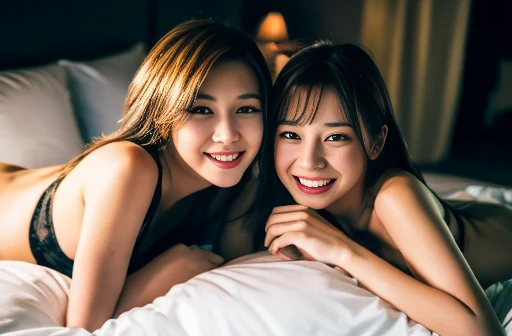 Highest quality,4K,Two beautiful women、Cute eyes,Ecstatic expression,Full Body Shot,At the bed,Embrace each other:1.5,The two of them love each other passionately,Lesbian Sex,Browsing Caution,