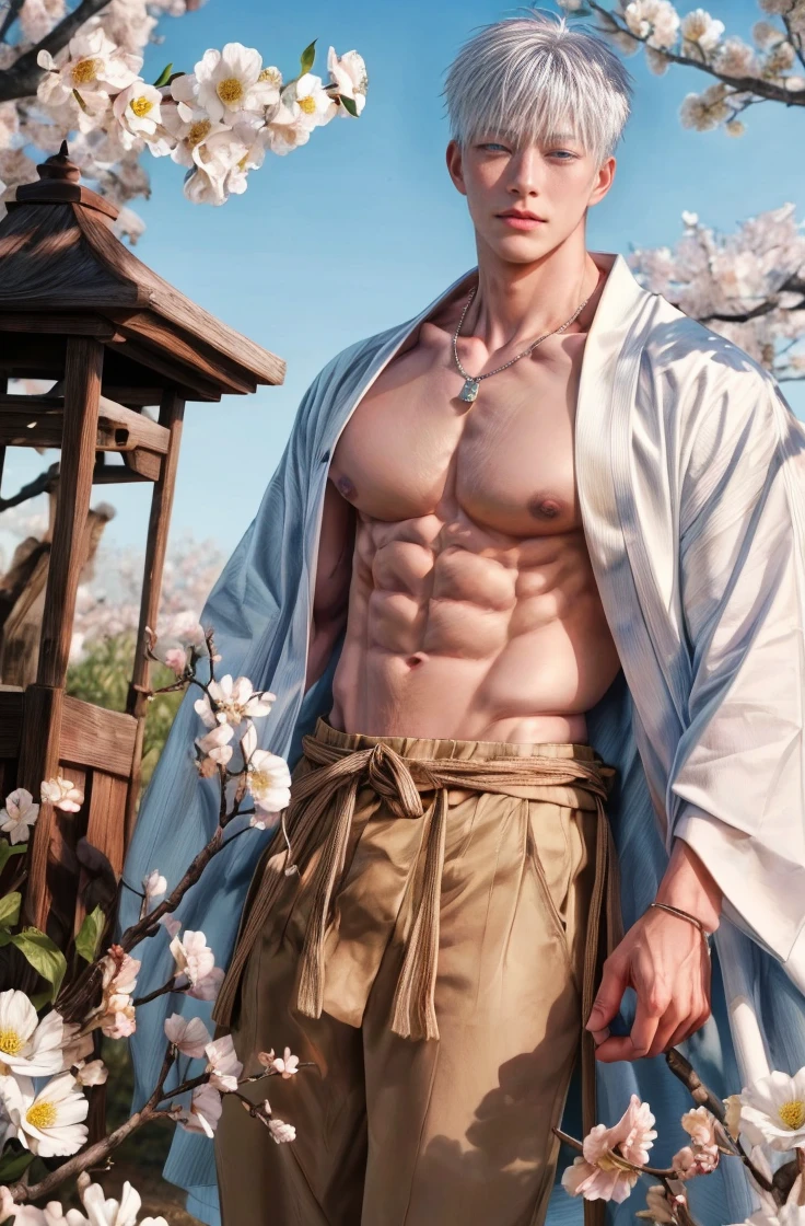 1boy, adult, handsome, perfect face, detailed eyes and face, clean shaved, muscular, capturing a rural atmosphere, dynamic lighting, unreal engine 5, hd picture, satoru gojo, white hair, short hair ,hair between eyes ,blue eyes, white skin, milk pink nipple details, flower details, wear a necklace