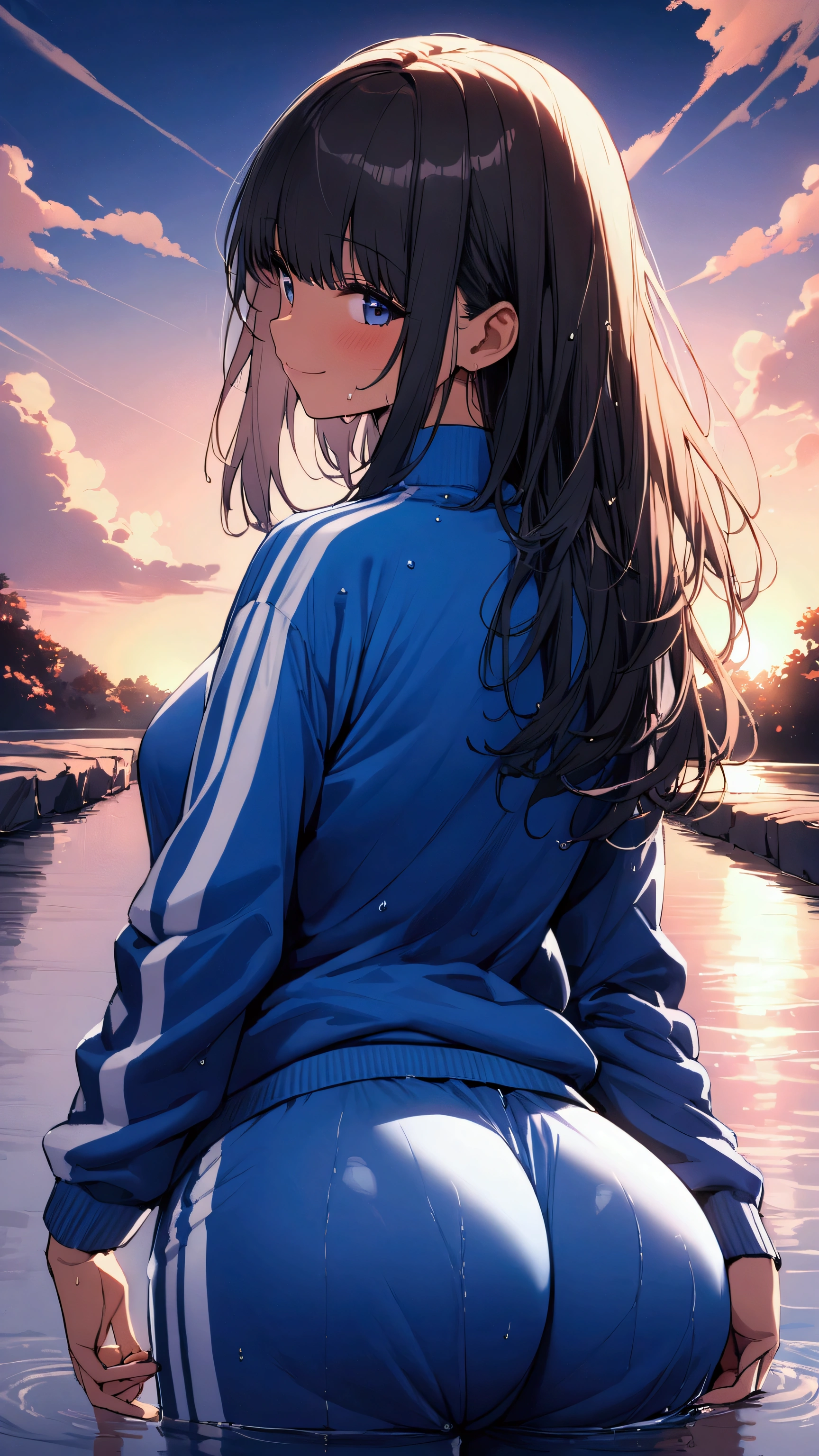masterpiece, Highest quality, Ultra-high resolution, (beautiful girl: 1.3), (((Medium hair&Straight hair)))、Black Hair、smile、Looks like a 15 year old、 (Blue sweatpants:1.3), (The jacket is a blue track jacket.: 1.2), back view、I'm drowning in the waterway where the sunset is dazzling、Wet、Focus on a very big, round and beautifully shaped ass,baggy clothes, (tanned skin:1.3),Water splashes