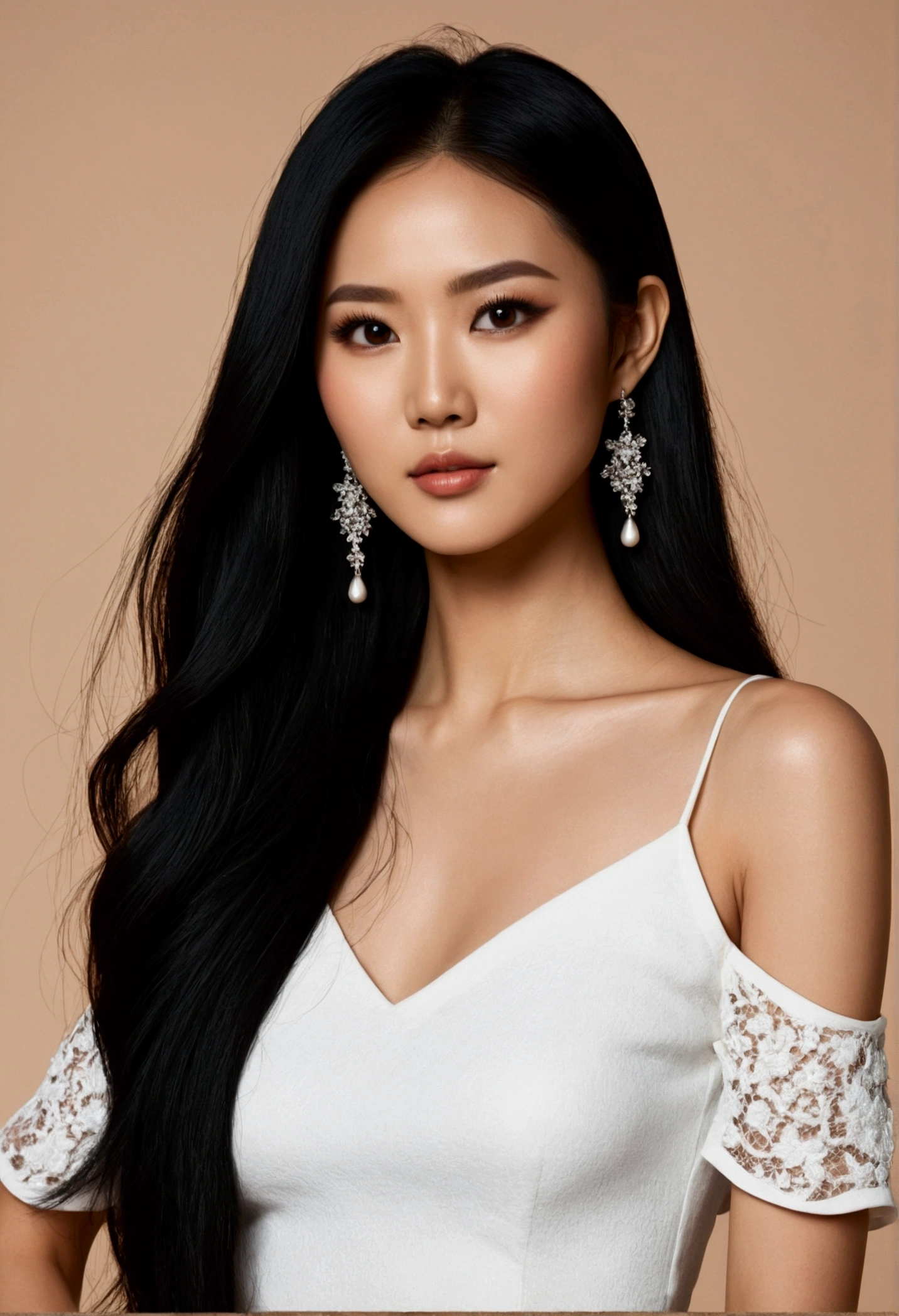 Create an image of a digital Asian influencer with the following characteristics: she should have long black hair, black eyes, be tall, and have a flawless appearance, with no defects on her hands or body. The image should depict an elegant and modern look, naked, reflecting a confident and charismatic personality