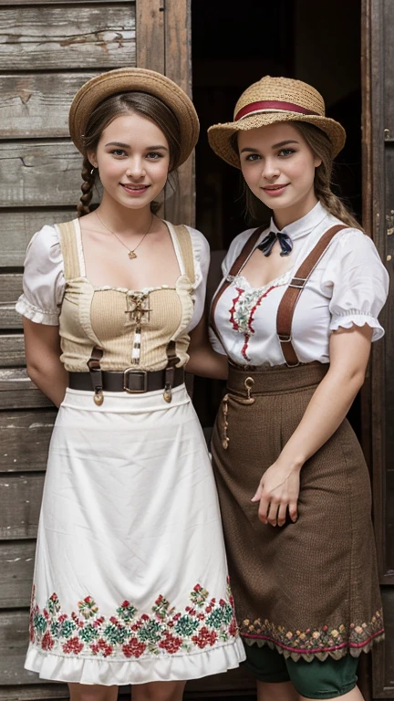 front view, 1 boy and 1 girl is exist, (1 man are dressed in Lederhosen, which are short knit pants with suspenders, often decorated with embroidery:1.3), 1 girl is 20 years-old, (brown hair ,double braid, smile), (2 people is Tyrol hat with edelweiss), slime body, traditional German costumes from the 1930s. (The women are wearing embroidered Dirndls, which include a close-fitting bodice with a low neckline, a blouse worn under the bodice), (Black wide high-waisted knit skirt, An ankle-length skirt ), (White apron, flower arrange embroidered apron), traditional shoes, The setting is a rural village during a festival, with people engaging in traditional activities and celebrating their heritage , textured skin , HI detailed skin, (foreshortening, Canon, 8K, anatomically correct, super detail, high details, highness)