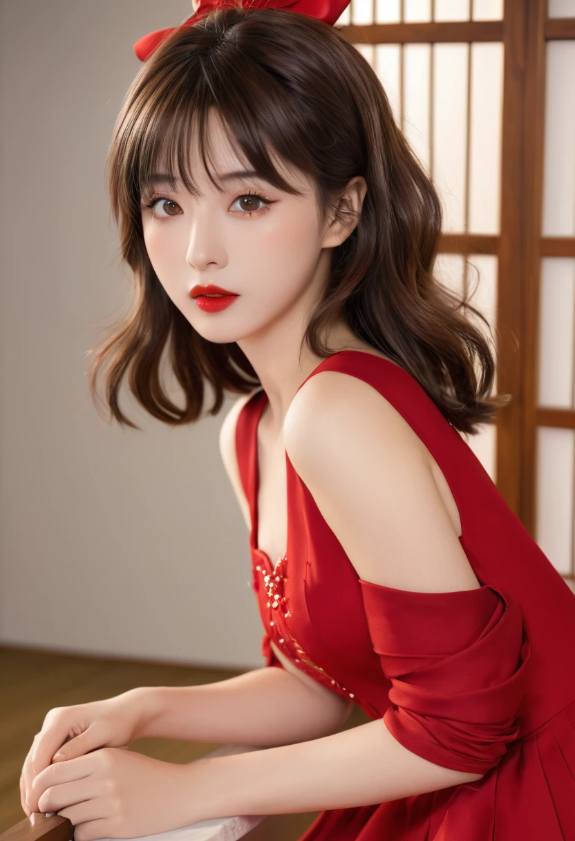 (masterpiece),(best quality:1.0), (Ultra-high resolution:1.0), Detailed description, 8K, Japanese cartoons, 1 Girl, beautiful Japanese cartoons girl, Wearing a red dress, corolla, Pretty Face, Delicate face, beautiful eyes, Delicate eyes, Crimson eyes, Bright red lips, Red lipstick, Beautiful and stylish hair, Hair highlights, bangs Japanese cartoons style, best quality, Energetic
