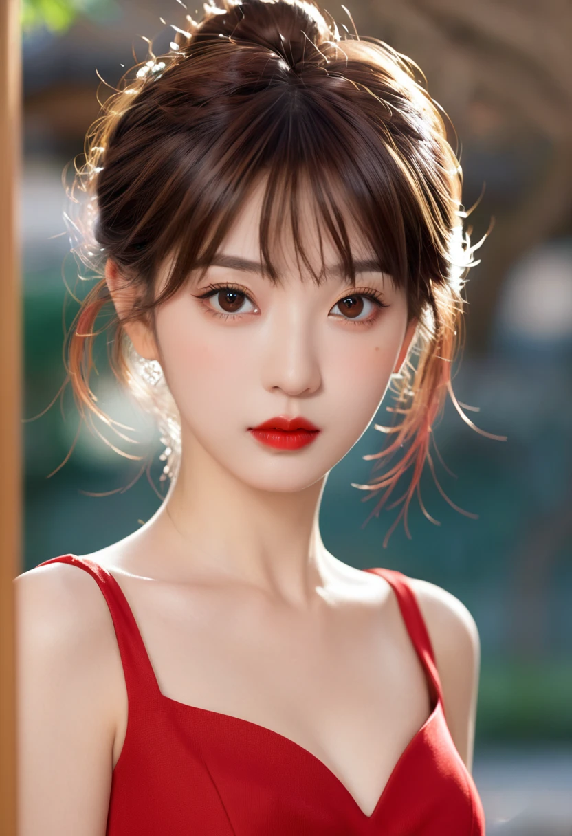 (masterpiece),(best quality:1.0), (Ultra-high resolution:1.0), Detailed description, 8K, Japanese cartoons, 1 Girl, beautiful Japanese cartoons girl, Wearing a red dress, corolla, Pretty Face, Delicate face, beautiful eyes, Delicate eyes, Crimson eyes, Bright red lips, Red lipstick, Beautiful and stylish hair, Hair highlights, bangs Japanese cartoons style, best quality, Energetic