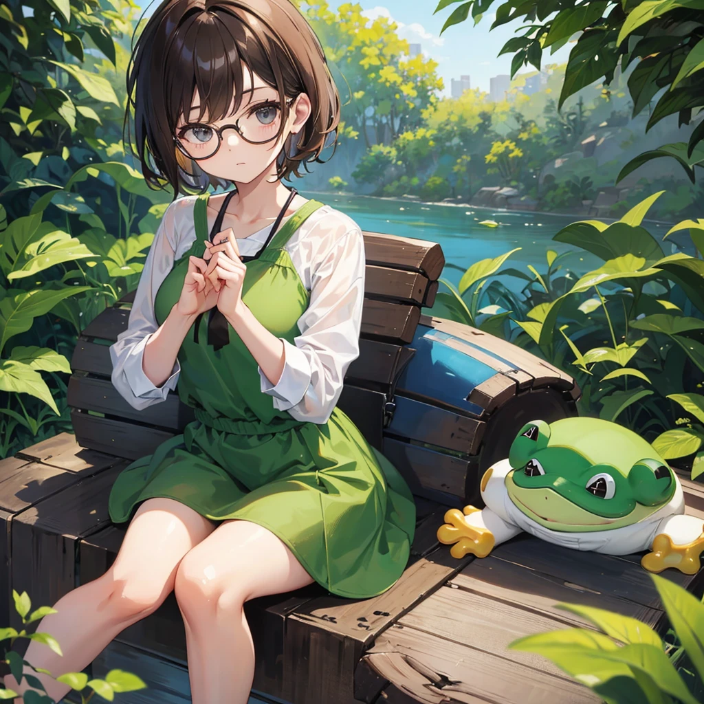  with short brown hair and round glasses dressed as a frog sitting in w