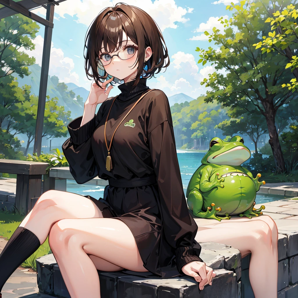with short brown hair and round glasses dressed as a frog sitting in w