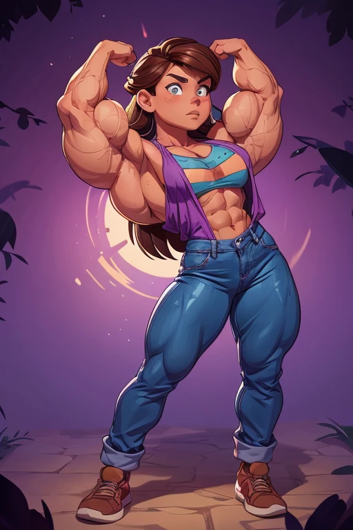 muscle girl with High cheekbones and a strong jawlineflexing muscles wearing purple muscle shirt and light blue jeans, her hair a rich chestnut brown, giving her a dynamic and youthful appearance, muscle woman, big muscles, huge muscles, massive muscles, muscle girl, bronze skin, Her facial features are a mix of determination and kindness, with expressive eyes that radiate a sense of adventure