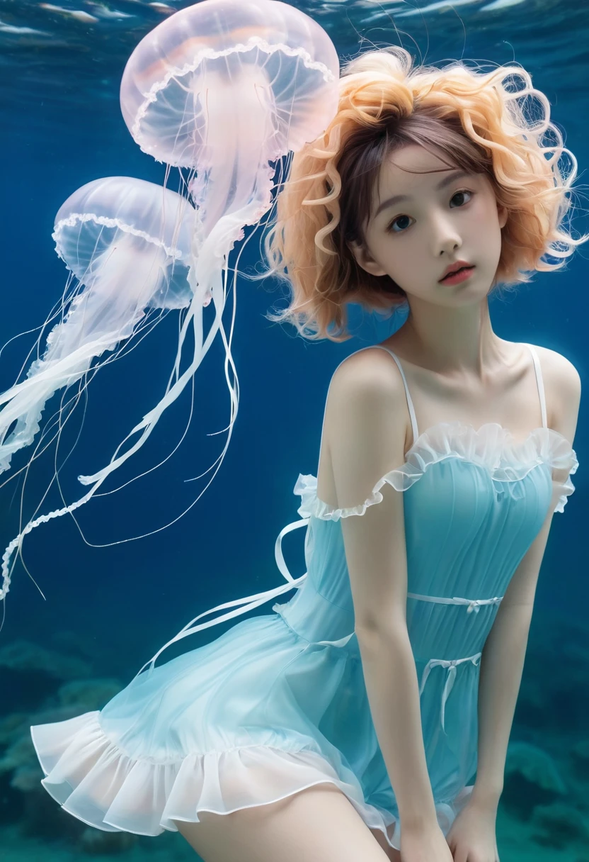 Cute girl yeah,flat chest,Kawaii,(Jellyfish Girl:1.2), Put your hands behind your back,Underwater,Ruffle dress,