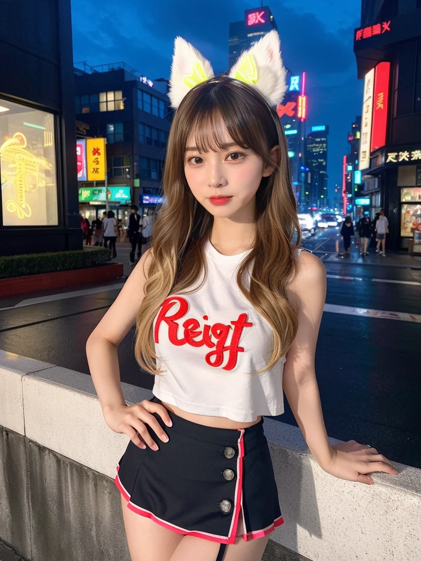 最high quality, masterpiece, 32K、Very detailed、Realistic、4 girls, Japanese women、Cute Face, (photo Actual:1.3),Medium Hair(Blonde Hair Color、Great brown hairstyles)、Edge lighting, (Skin with attention to detail:1.2), 8k超High resolution, Single-lens reflex camera, high quality, High resolution, 4K, 8k, Optimal ratio of four fingers to one thumb, (Actual:1.3), cute 4 girls, Realistic、Super Realistic、32K、Very detailed、masterpiece, 最high quality, beautiful girl, beauty、Mecha, Beautiful lighting, (Neon Light:1.2), (night:1.5), K-Pop Idol Costumes、Sleeveless outfit、Shorts、Large Breasts(big 、There is a valley)、Swiss flag t-shirt、Red and white cheerleader skirt、Fox ears headband、Are standing、Cyber Neon、Future City、Skyscraper、都会のnight、Shanghai、big cities、night景、綺麗なnight景