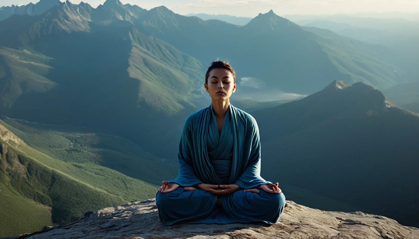 Very detailed image of a person meditating on top of a mountain. Loose Clothes. cinematic lighting