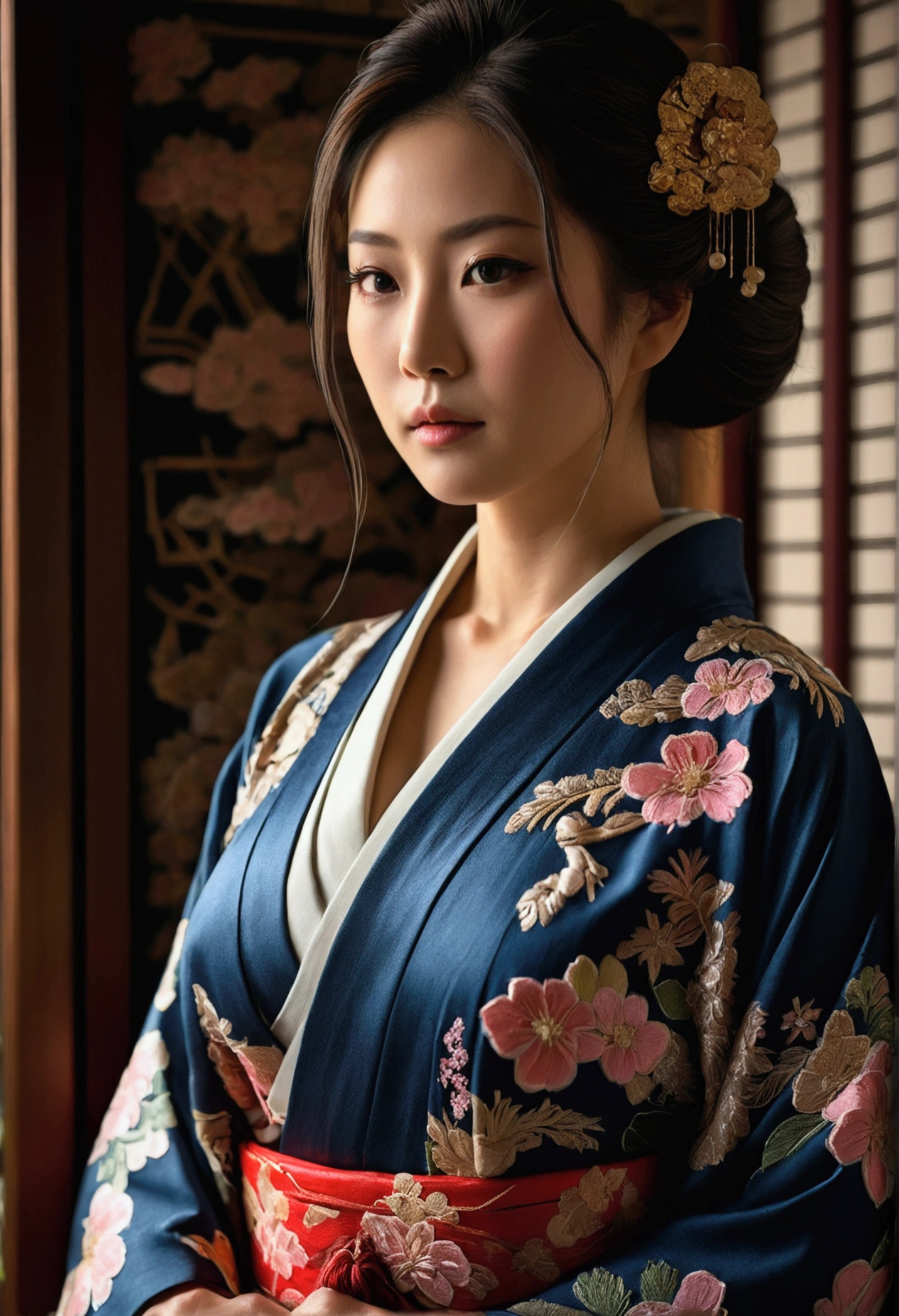 Beautiful Japanese woman in an ornate kimono with intricate embroidery, Very large breasts, Dim lighting, Cinematic, Artwork, View your viewers, masterpiece, Very detailed, 8k, Realistic, Chiaroscuro lighting, elegant, Sophisticated, elegant, Calm, Mysterious, atmosphere