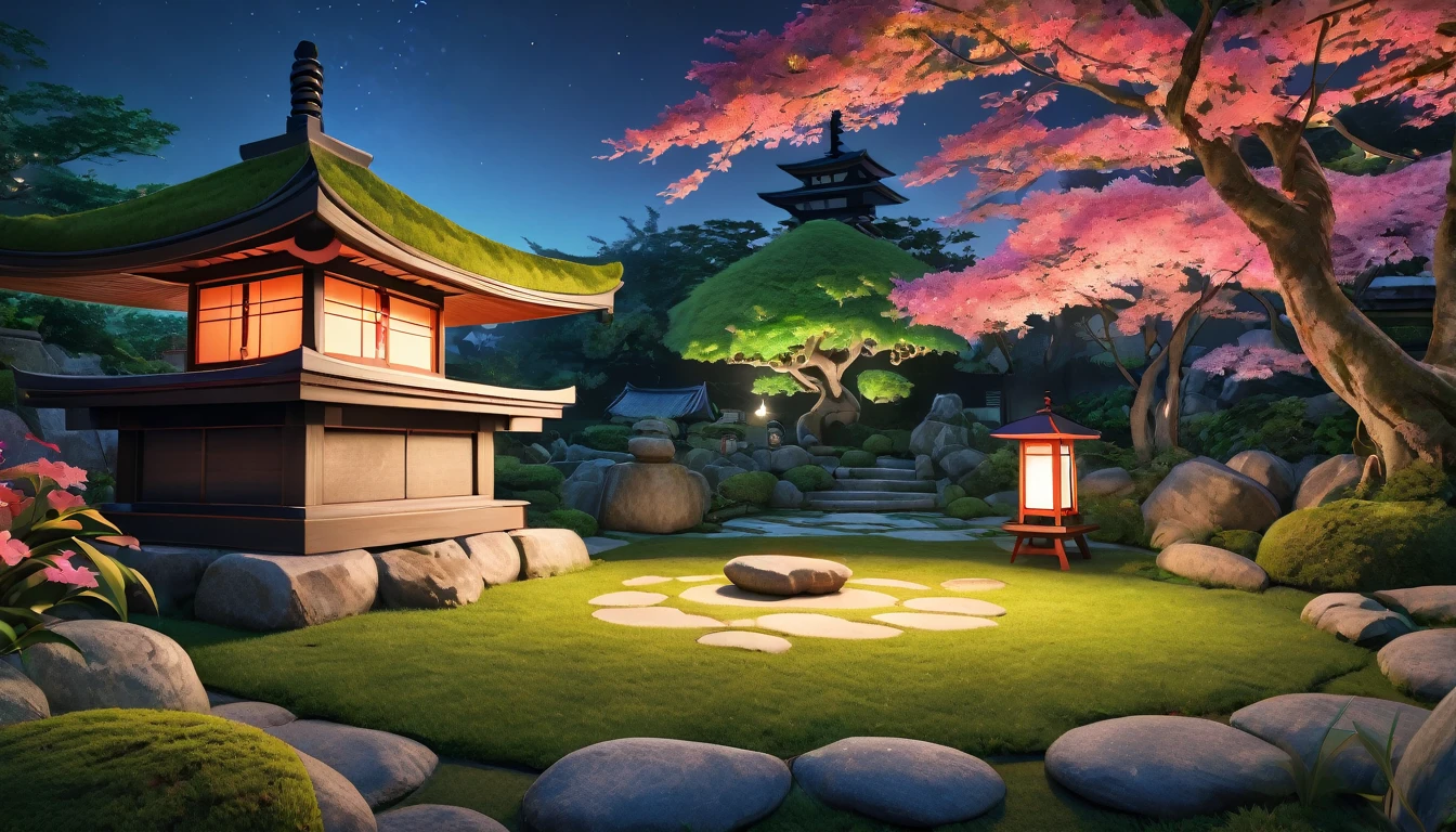 a detailed japanese garden at night with an old moss-covered stone lantern, anime style, highly detailed, 8k, (best quality,4k,8k,highres,masterpiece:1.2),ultra-detailed,(realistic,photorealistic,photo-realistic:1.37),HDR,UHD,studio lighting,extremely detailed description,vivid colors,cinematic lighting