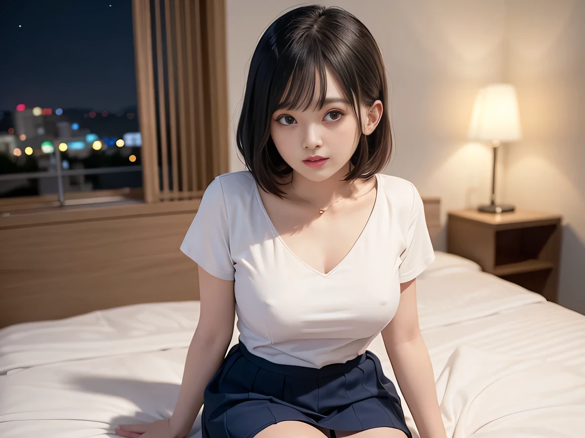 Highest quality, masterpiece, Ultra-high resolution, 8k, RAW Photos, Realistic, Anatomically correct:1.5), 20-year-old girl:1.2, Embarrassing, avert your eyes, blush:1.0, View Viewer, ((Hotel room at night)) 、(Dim lighting)、On the bed、Large windows、Night view、 Light:1.2, Bokeh, Cinema Lighting:1.0, sharp、 Cute Face、Idol、Short sleeve tulle top、Tulle skirt、Navy blue clothes、”dwarf”、(Floral clothes)、(Full Body Shot)、Side angle、Cowboy Shot、Sexy pose、 smile、((Ultra short hair、Berry Short))、(Straight bangs)、(( One Girl))、(Waist)、(I can see your thighs)、(Accurate depiction)、((Fuller lips)),Large Breasts、