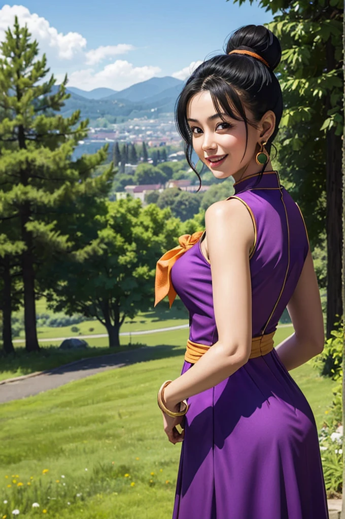 beauty photo of chichi, bun hair, purple dress, earrings, orange neckerchief, looking at viewer, smiling
outside, standing, park, large hills, trees, hdr, extreme detail, depth of field,
