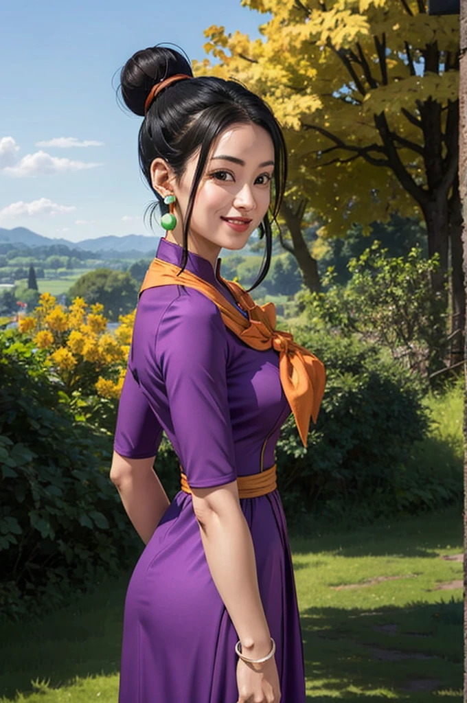 beauty photo of chichi, bun hair, purple dress, earrings, orange neckerchief, looking at viewer, smiling
outside, standing, park, large hills, trees, hdr, extreme detail, depth of field,
