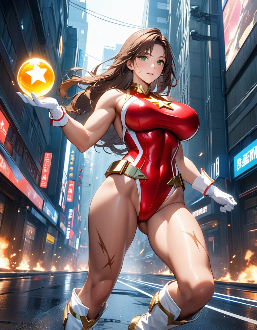(masterpiece), (Highest quality), (High resolution), Big breasts,, ((leotard, white and red leotard, matching leotard, No sleeve, barefoot)), ((Tight belt, Gold Belt)), ((boots, matching boots, ankle-high boots, white boots)), ((gloves, white gloves)), Urban Background, tokyo Urban Background, alone, alone focus, dynamicなファイティングポーズ, (whole body), Cowboy Shot, Superhero, ((Beautiful attention to detail)), ((Gold star symbol on chest)), (Brown Hair, Long Hair,Green Eyes),(Perfect hands, Perfect Anatomy), Superhero, ((Beautiful attention to detail)), whole body costume design. Energy ball in hand.Sweat,dynamic,dynamic,big breast,very big breast,During the game,Battle Scenes,Dark atmosphere,scar,Unreal Engine 5 Photorealistic Rendering,Game Characters, Role Player,Pretty face,Body Hyper Reality,Thick muscles,Moisturized and radiant body,