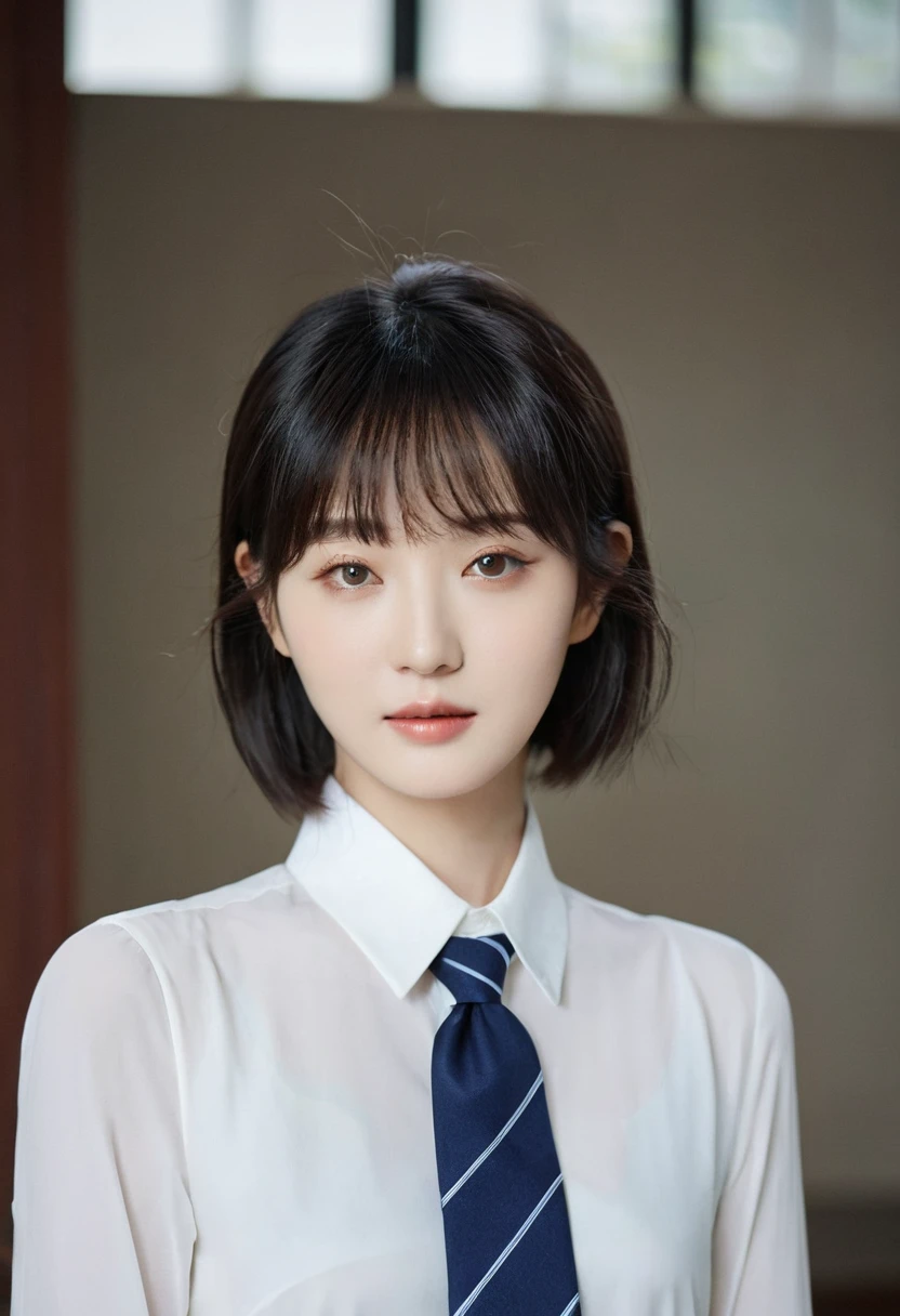 There is a lady wearing a tie,Wearing a white shirt, short hair, Beautiful Korean woman, Korean Girl, Xuan Yunzhu, Cute Korean actress, Beautiful young Korean woman, Lee Ji-eun, Lee Ji-eun, xintong chen, Qi bangs hairstyle, 棕色short hair,With bangs, Beautiful young Korean woman, Cui Xianhua