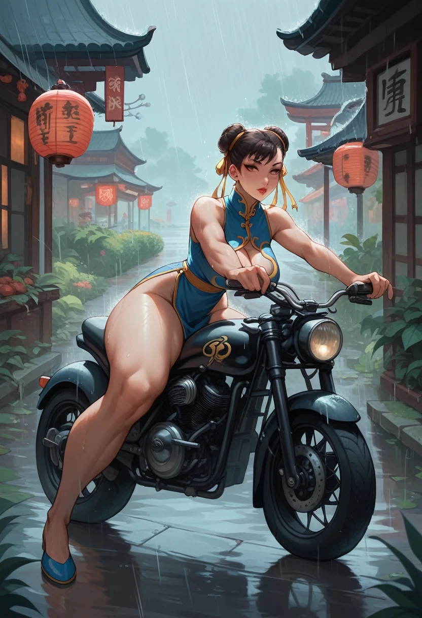 Milf Chun li, with huge thighs and small normal breasts, riding a motorcycle driven in a Chinatown to get home, raining weather 