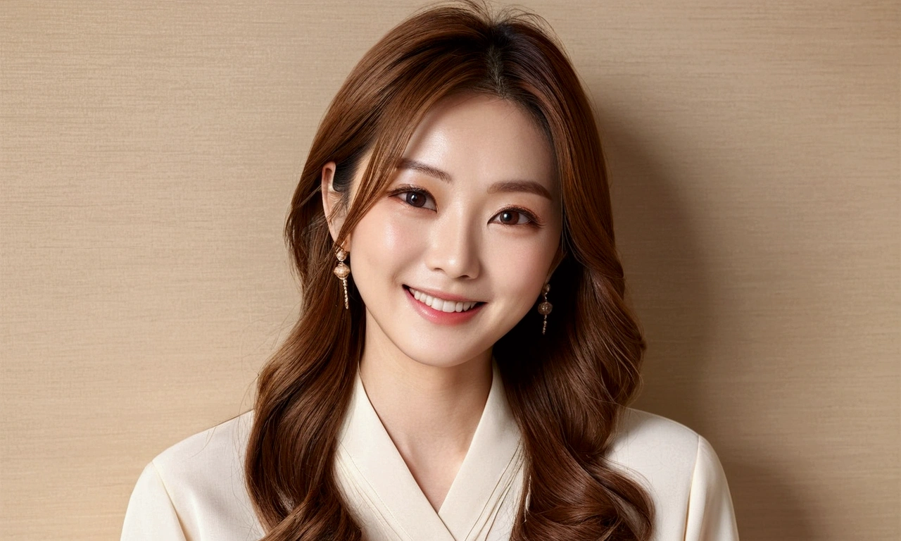 Best image quality、Japanese women、50th Generation、Light brown hair、long hair、Double eyelids、Large pupils、round face、Wrinkles at the corners of the eyes、Beautiful face、smile、Blouse top