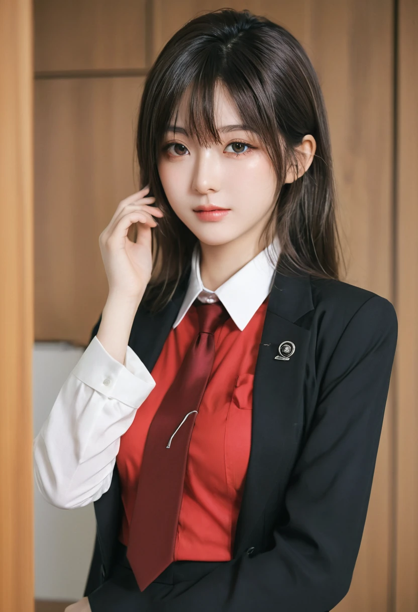 Anime girl in red shirt and black tie posing for photo, author:Yang J, extremely detailed Artistic Germ, Toosaka Rin, Artistic Germ jsc, guweiz style artwork, Beautiful digital artwork, Artistic Germ. High Detail, range murata and Artistic Germ, style Artistic Germ, IG model | Artistic Germ