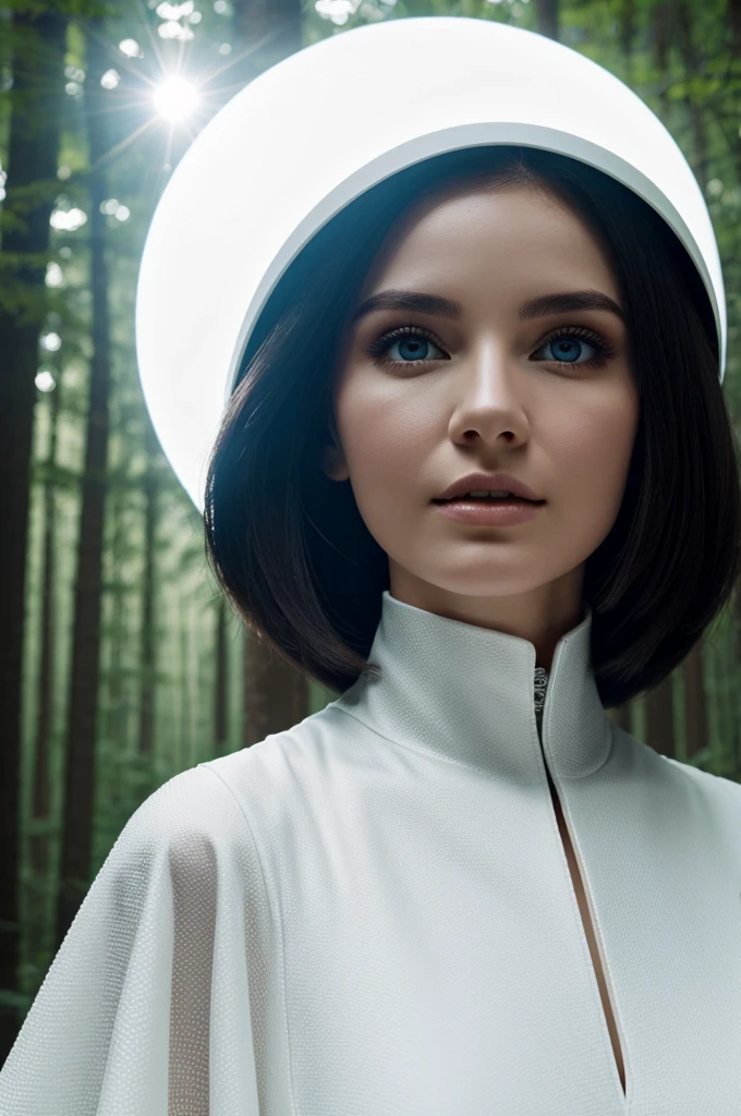 Woman with extremely white skin, eyes bright like a solar eclipse, with dark hair, white dress with a futuristic neckline and that she is in an alien forest