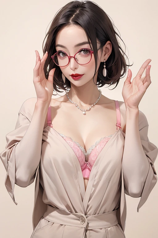 Beautiful mature Japanese woman aged 55, One Woman, Married women, Long eyelashes, Bob Hair, wear glasses, Hair fluttering, Red lipstick, Pink Cheeks, Pearl Necklace, Earrings, Dark eyeshadow, Cleavage, ((Beige bra)), Bareback Panties, Beautiful body, Raise your hand, side, (Pink Background), Focus on the whole body, Pussy, Browsing Caution