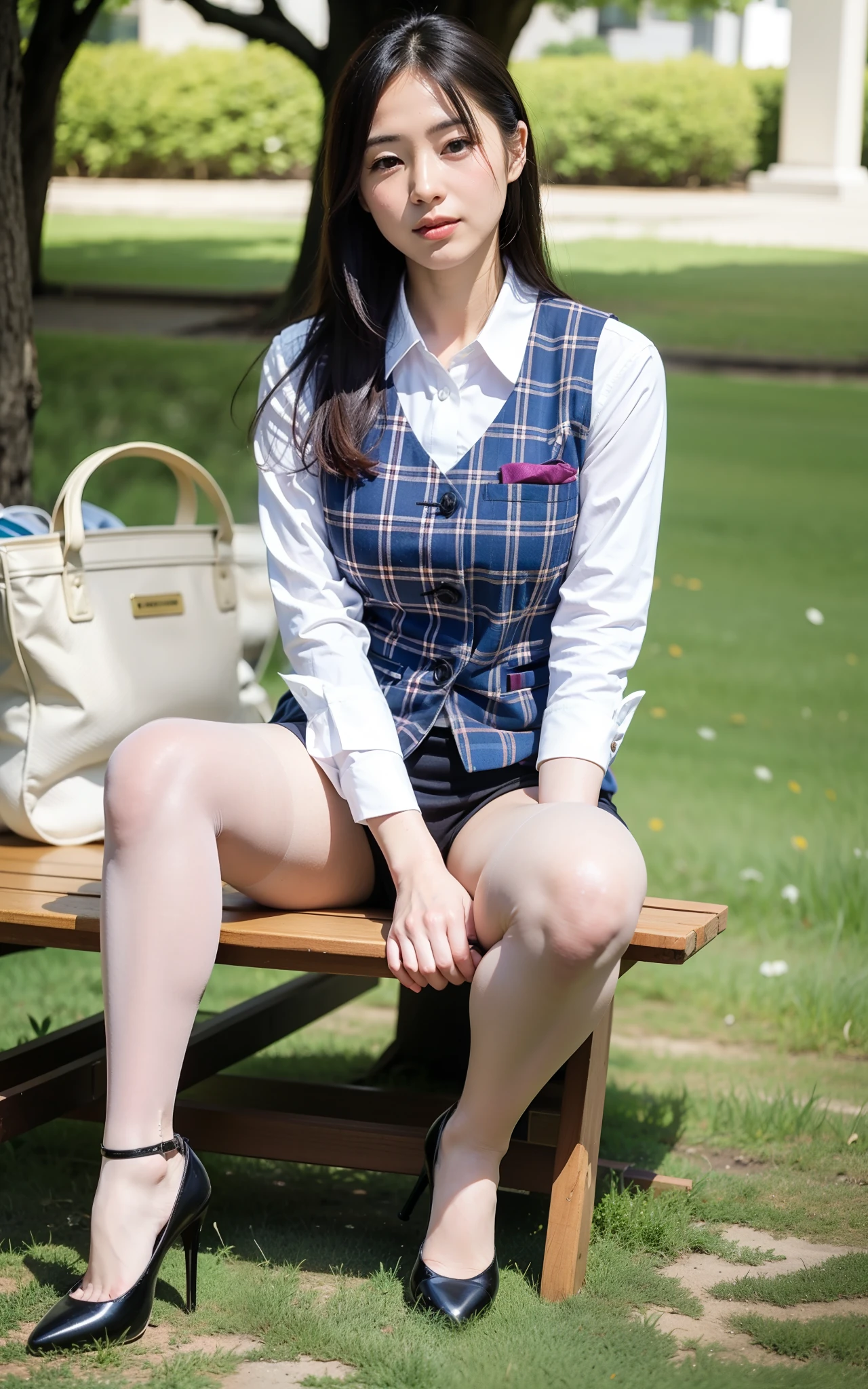 Araffe sitting on a bench in a park with a purse and a handbag - SeaArt AI