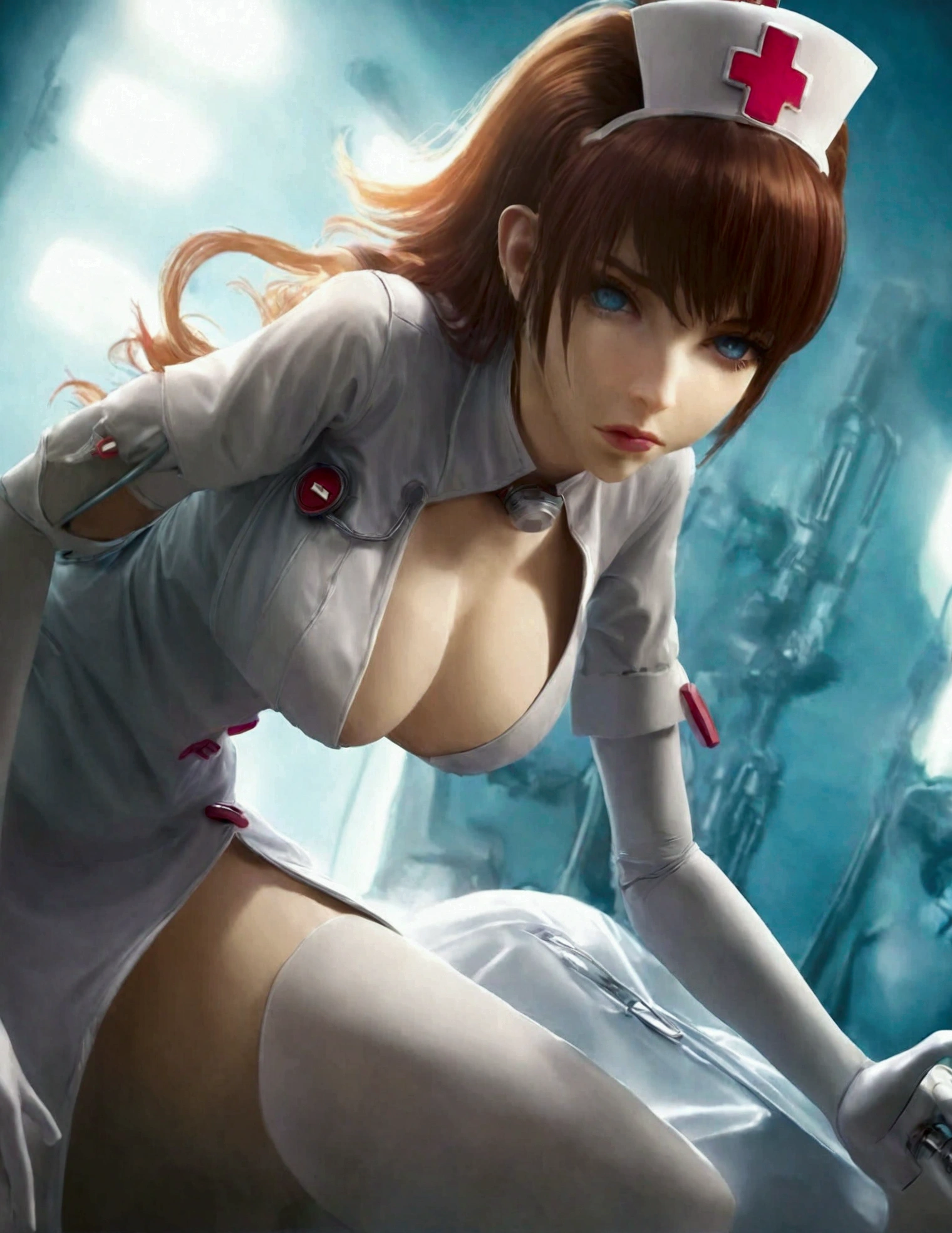 A cute android (female, obvious mechanical articulated joins, female, backlit eyes, sexy nurse styling), approaching a medical table in a sick bay, starship