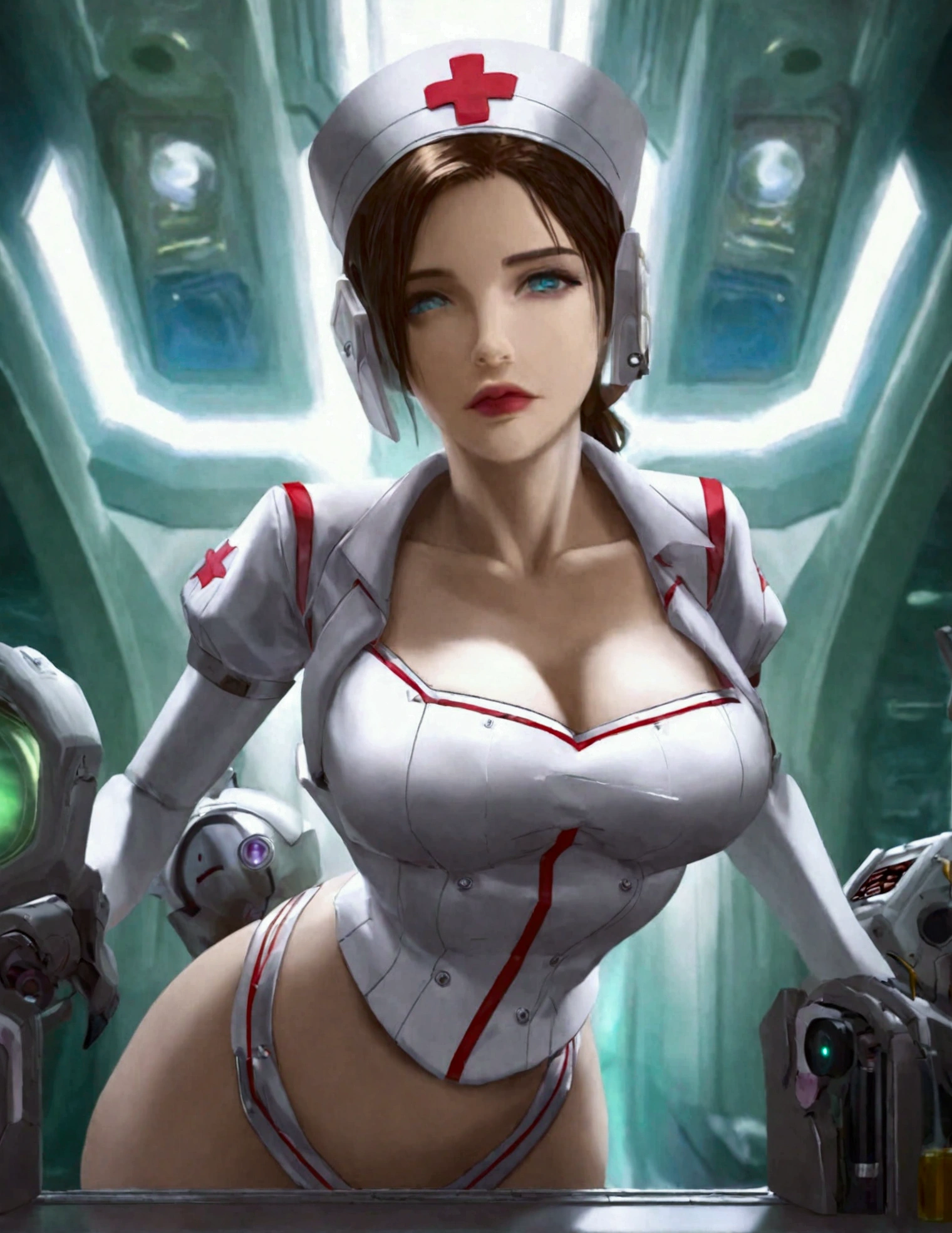 A cute android (female, obvious mechanical articulated joins, female, backlit eyes, sexy nurse styling), approaching a medical table in a sick bay, starship
