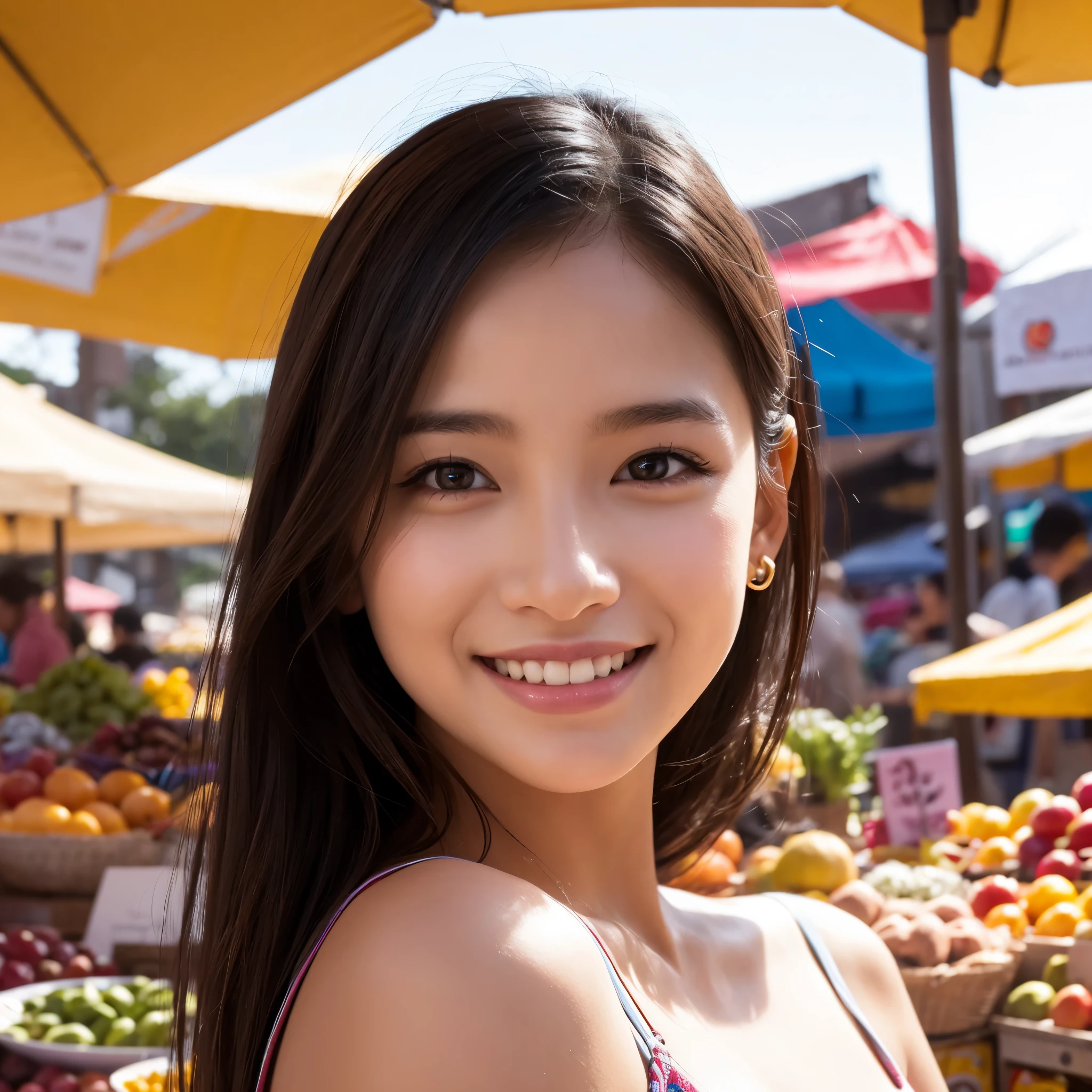 portrait of a young smiling woman, close up, exotic market background, vibrant colors, detailed stalls, diverse products, natural lighting, sharp focus, bokeh effect, realistic, highly detailed