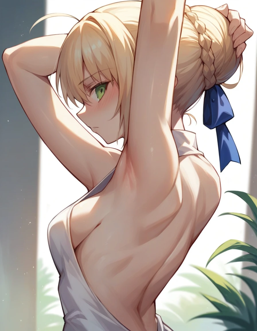 1 girl, saber (fate series), Artoria Pendragon (fate series), bare shoulders, bare back, backless dress, arms up, armpits, white dress, from side, upper body, blushing, looking back, looking at viewers