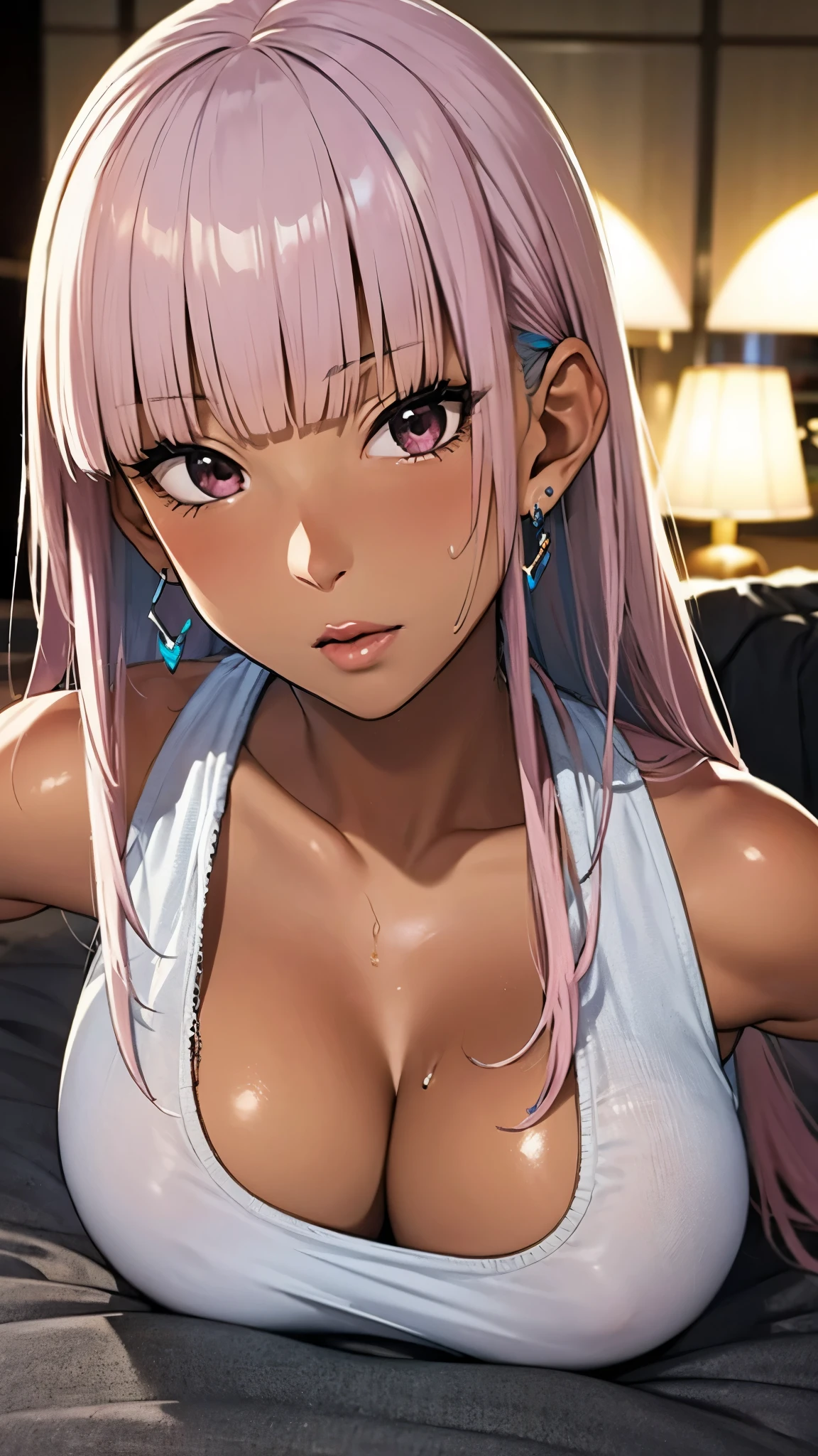 masterpiece、high quality、high resolution、Detailed people、Detailed face、Detailed Background、Background blur、((night:1.5, Love hotel bed)), Atmospheric lighting、The sky is low, mix_Artwork Style, Hanging , big , Cleavage, Sweaty, sexy, thick, 1 girl, Brown eyes, Pink Hair, Long Hair, Dark Skin, Pierced ears, クレイジーでsexyなファッション, Improve, Glossy Lips, White nails, Long nails、