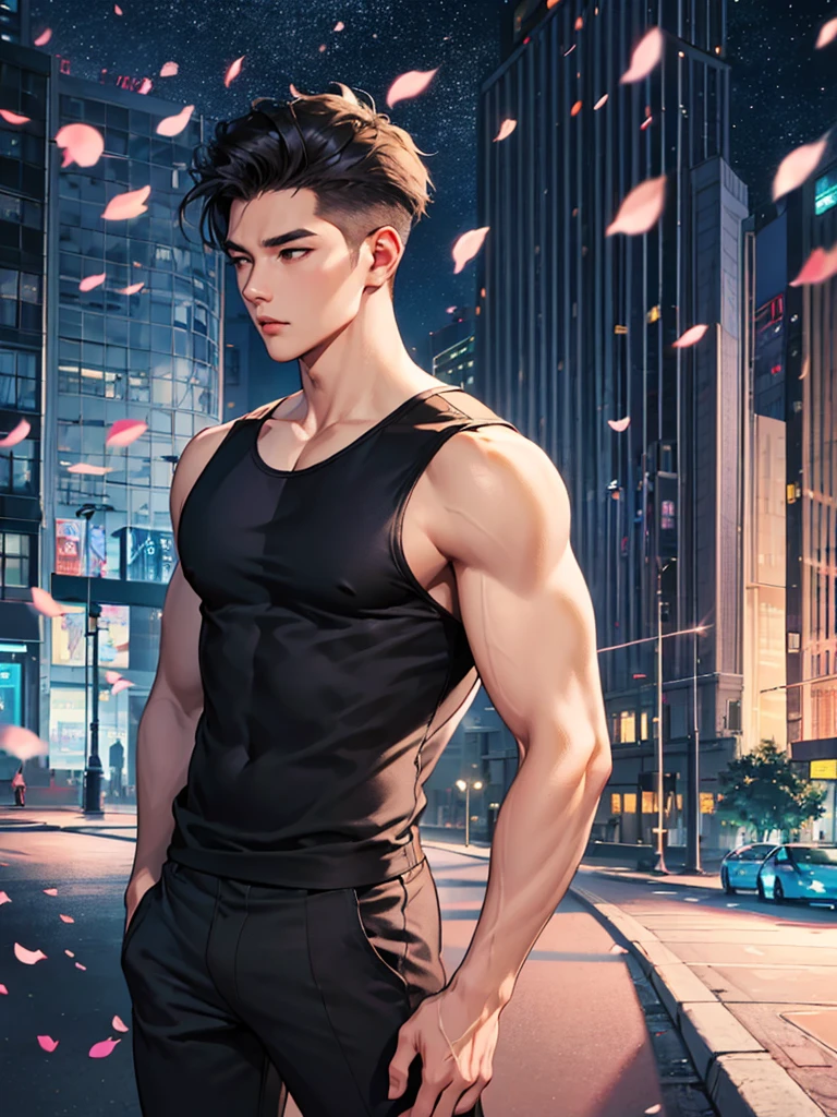 portrait of a 1 handsome asian man (25 year old) wearing a tight black tank top, front view, (angry:0.3), cinematic shot on canon 5d ultra realistic, urban atmosphere, skyscrapers, night scene, sakura petals are flying over the background, short hair undercut, (extremely handsome:1.2)