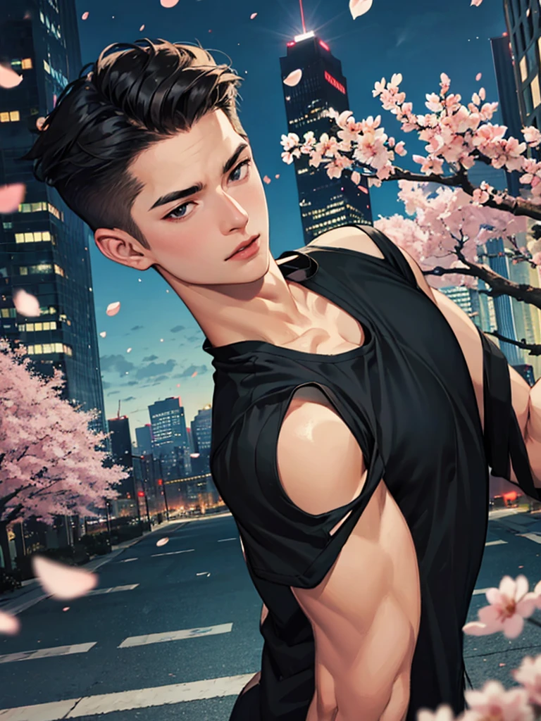 portrait of a 1 handsome asian man (25 year old) wearing a tight black tank top, front view, (angry:0.3), cinematic shot on canon 5d ultra realistic, urban atmosphere, skyscrapers, night scene, sakura petals are flying over the background, short hair undercut, (extremely handsome:1.2)