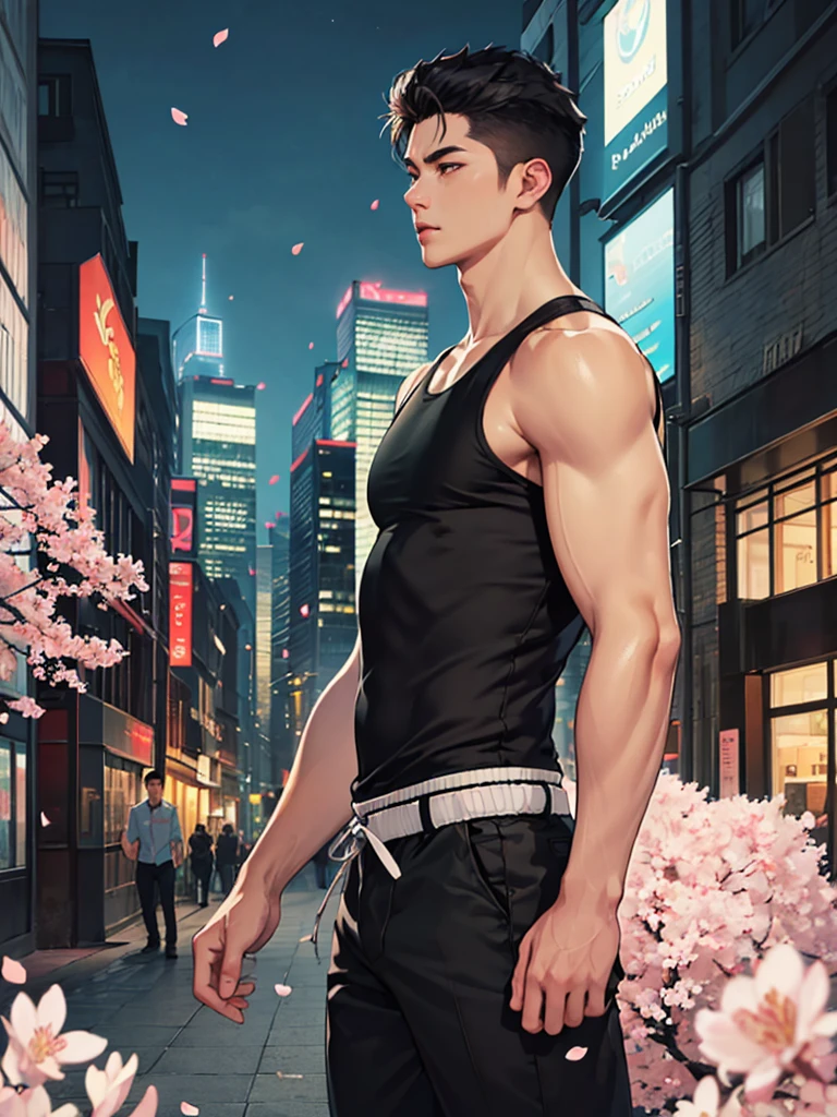 portrait of a 1 handsome asian man (25 year old) wearing a tight black tank top, front view, (angry:0.3), cinematic shot on canon 5d ultra realistic, urban atmosphere, skyscrapers, night scene, sakura petals are flying over the background, short hair undercut, (extremely handsome:1.2)