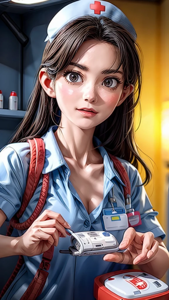 A nurse using an AED, medical emergency, hospital, life-saving equipment, serious expression, focused, first aid, heroic, detailed uniform, medical tools, bright lighting, realistic, photorealistic, ultra-detailed, 8k, best quality, masterpiece