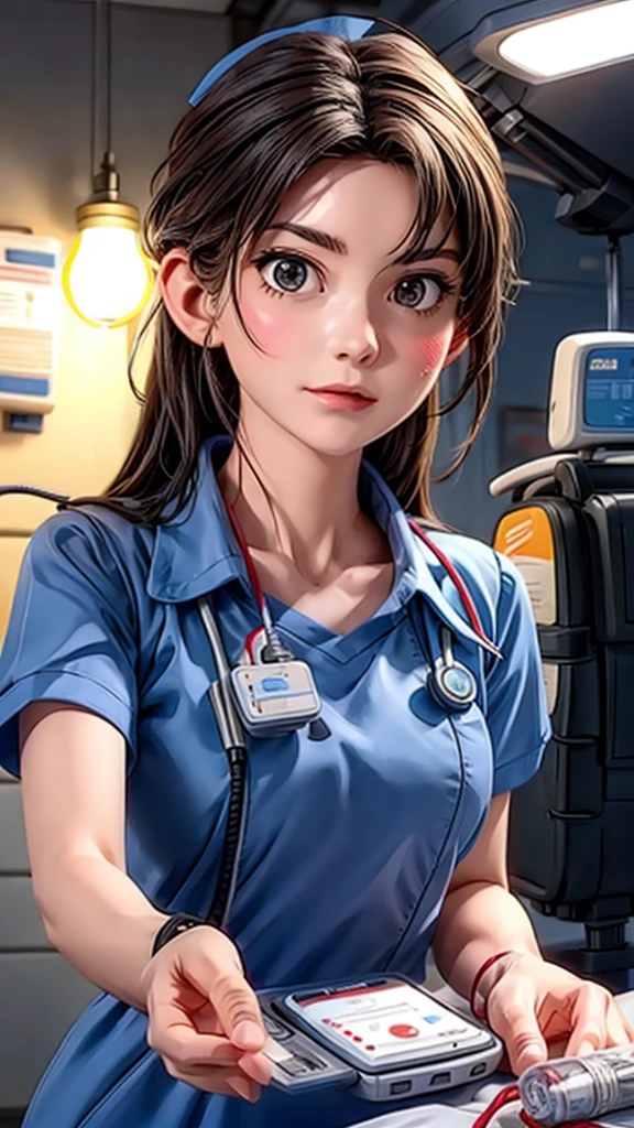 A nurse using an AED, medical emergency, hospital, life-saving equipment, serious expression, focused, first aid, heroic, detailed uniform, medical tools, bright lighting, realistic, photorealistic, ultra-detailed, 8k, best quality, masterpiece
