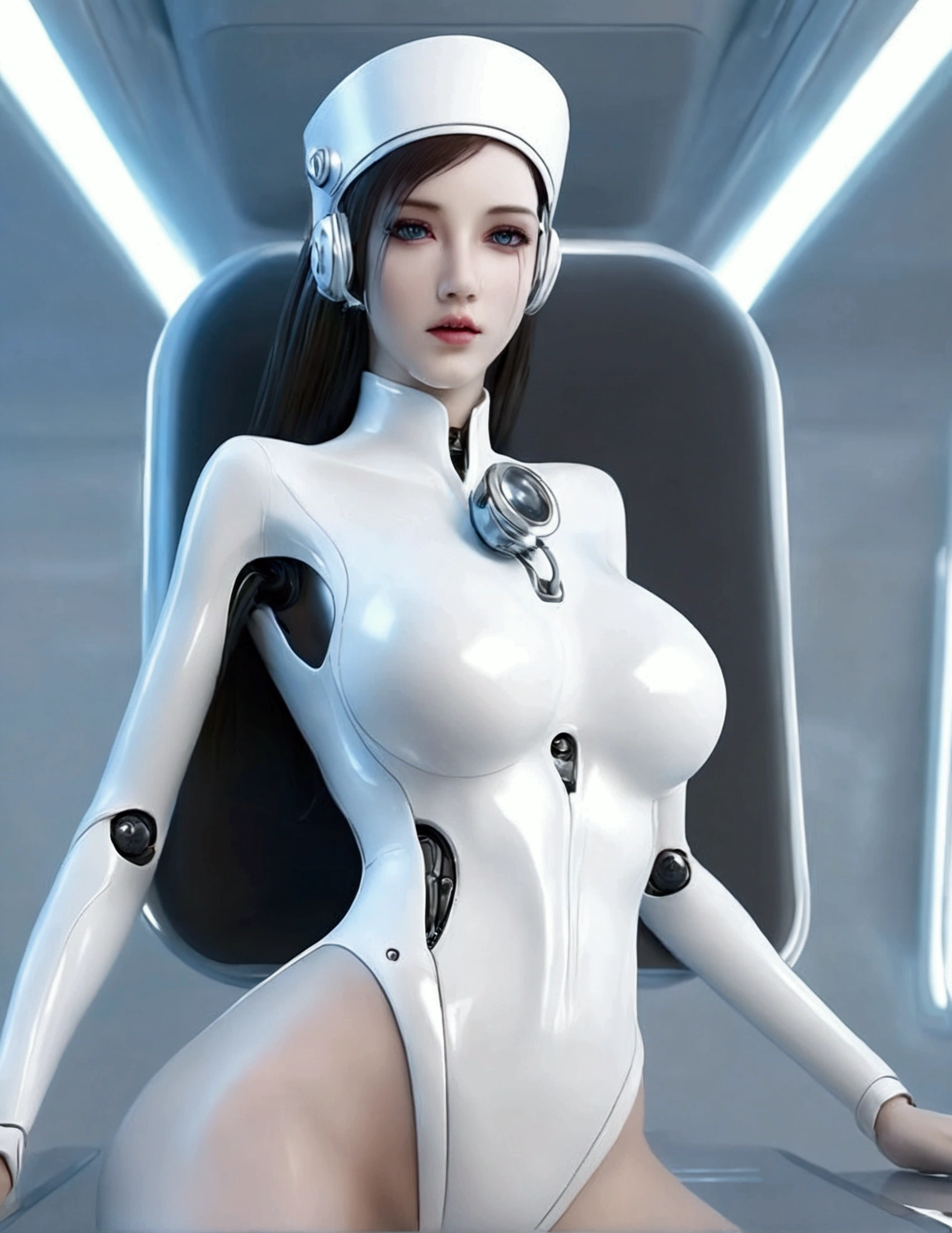 A cute android (female, obvious mechanical articulated joins, female, backlit eyes, sexy nurse styling), approaching a medical table in a sick bay, starship