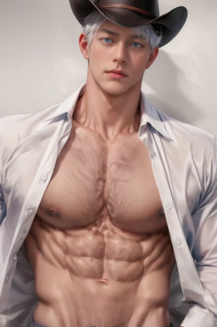 1boy, adult, handsome, perfect face, detailed eyes and face, clean shaved, muscular, capturing a rural atmosphere, dynamic lighting, unreal engine 5, hd picture, satoru gojo, white hair, short hair ,hair between eyes ,blue eyes, white skin, milk pink nipple details, wear a cowboy hat