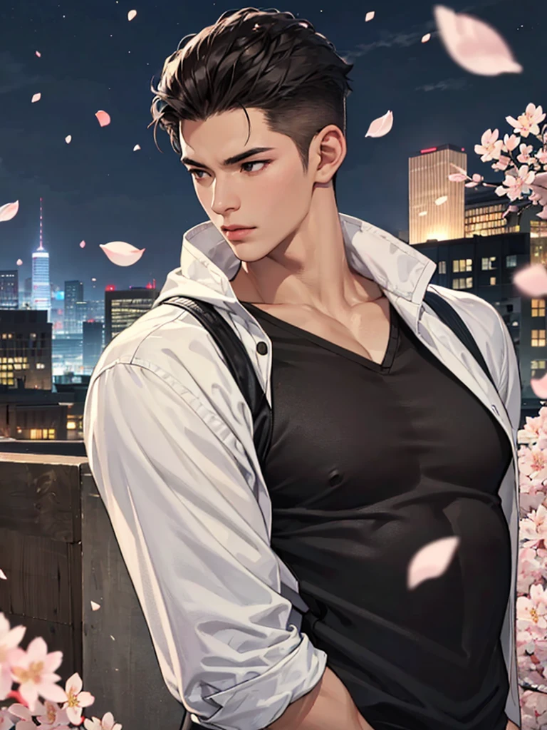portrait of a 1 handsome asian man (25 year old) wearing a tight black tank top, front view, (angry:0.3), cinematic shot on canon 5d ultra realistic, urban atmosphere, skyscrapers, night scene, sakura petals are flying over the background, short hair undercut, (extremely handsome:1.2)