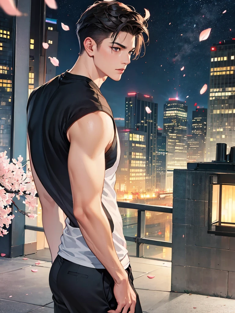 portrait of a 1 handsome asian man (25 year old) wearing a tight black tank top, front view, (angry:0.3), cinematic shot on canon 5d ultra realistic, urban atmosphere, skyscrapers, night scene, sakura petals are flying over the background, short hair undercut, (extremely handsome:1.2)