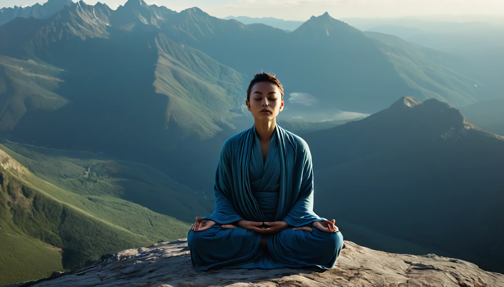 Very detailed image of a person meditating on top of a mountain. Loose Clothes. cinematic lighting