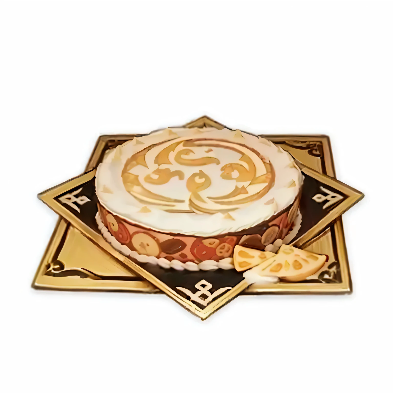 There is a cake with a pattern on the plate, unknown, ❤🔥🍄🌪, Object Art, Legendary Items, 🥥 🍕 Hybrids, Delicious sesame pie, 《Genshin Impact》Zhongli, Monitor, 《Genshin Impact》Keqing, Smart Badge, Detailed hot belly, two, 2k, High-quality scans