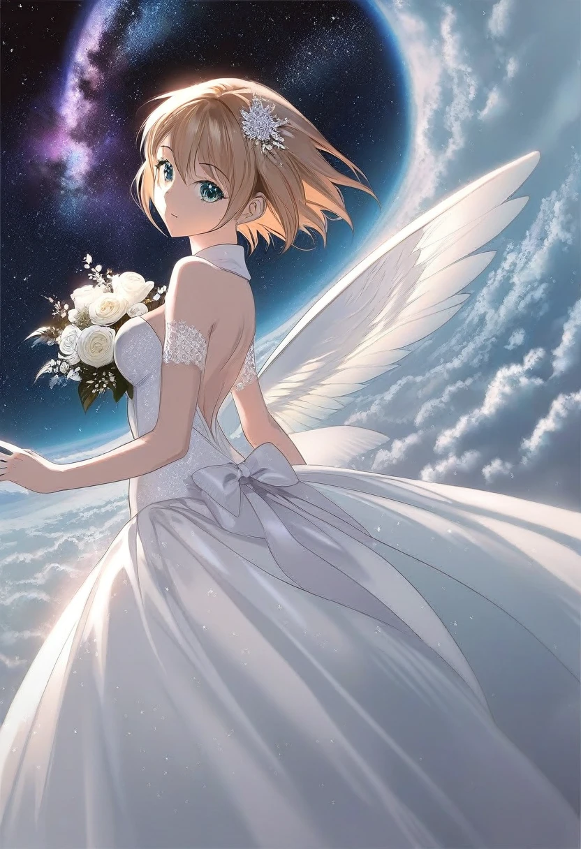 by rella, by foomidori, by lam, by makoto shinkai, by Ilya Kuvshinov,
A young female fashion model, detailed face, detailed eyes, detailed hair, angel, angel wing, mechanical wing, 
wedding dress,
(dynamic pose:1.2), (dutch angle:1.5), golden ratio,
mysterious, like a goddess,
break
clear blue sky, cloud, cloudy sky, space, star, planet, nebula, aurora, milky way, floral, space ship, deep space, perfect world, 
beautiful, aesthetic, detailed, beautiful color, 
amazing quality, best quality, high quality, ultra high res, absurdres, golden_ratio_xl, 