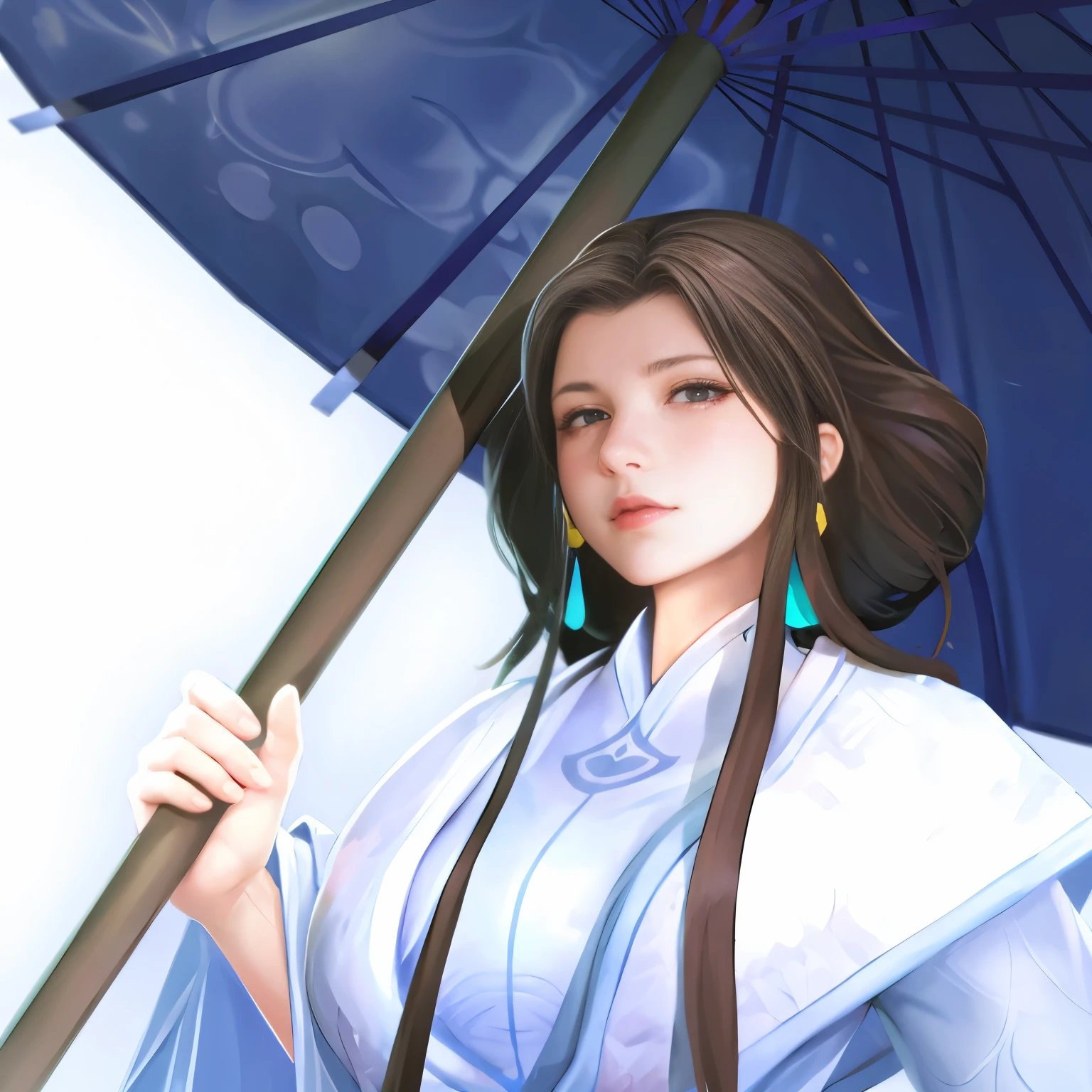 Fairy holding an umbrella,Blue long skirt,Beauty,Oval face,Overlooking,Tsundere expression,prettyeyes,Pretty Face,
