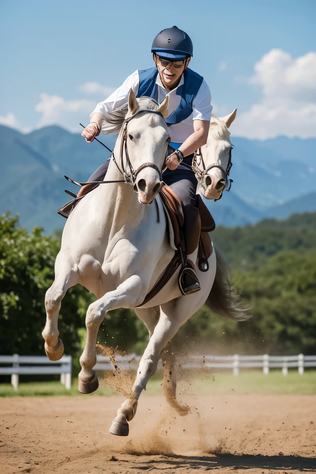 An ugly man comes riding a white horse with glasses on his face、A geeky face。
The horses are running and there is a sense of dynamism.