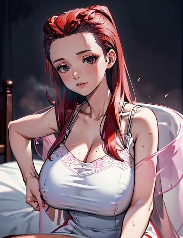 (best quality,4K,8k,high resolution,masterpiece:1.2),super detailed,(current,realistically,realistically:1.37), Ultra high definition face, Dahlia Hawthorne, long red hair, Red eyes, Close-up of a woman in a skirt sitting on the bed, V-shaped bust clothes, , white dress, translucent dress, big cleavage, big deal breasts, big deal , Biggest deal breasts, Big deal breasts, thin waist, fitness model, red face, Sweat