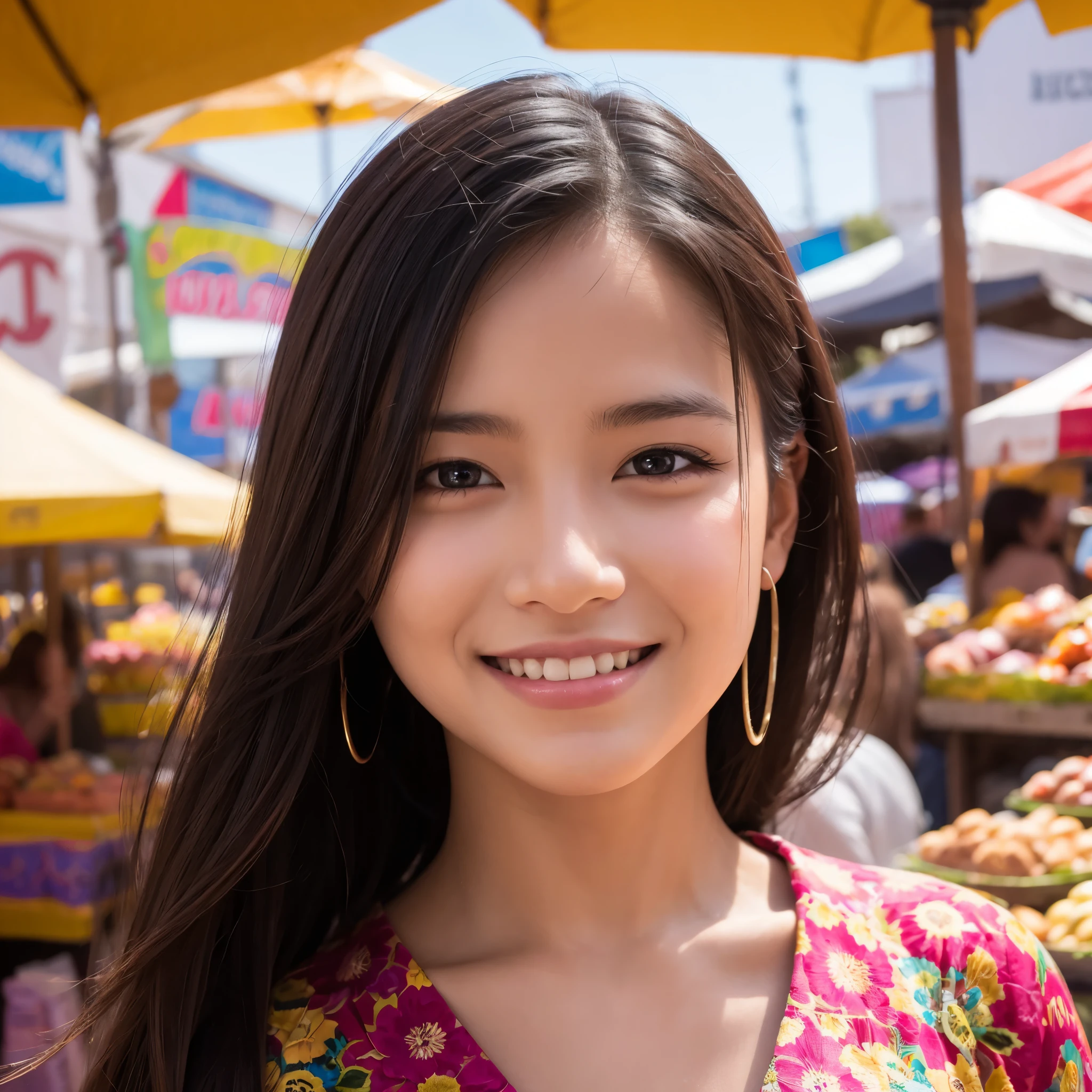 portrait of a young smiling woman, close up, exotic market background, vibrant colors, detailed stalls, diverse products, natural lighting, sharp focus, bokeh effect, realistic, highly detailed
